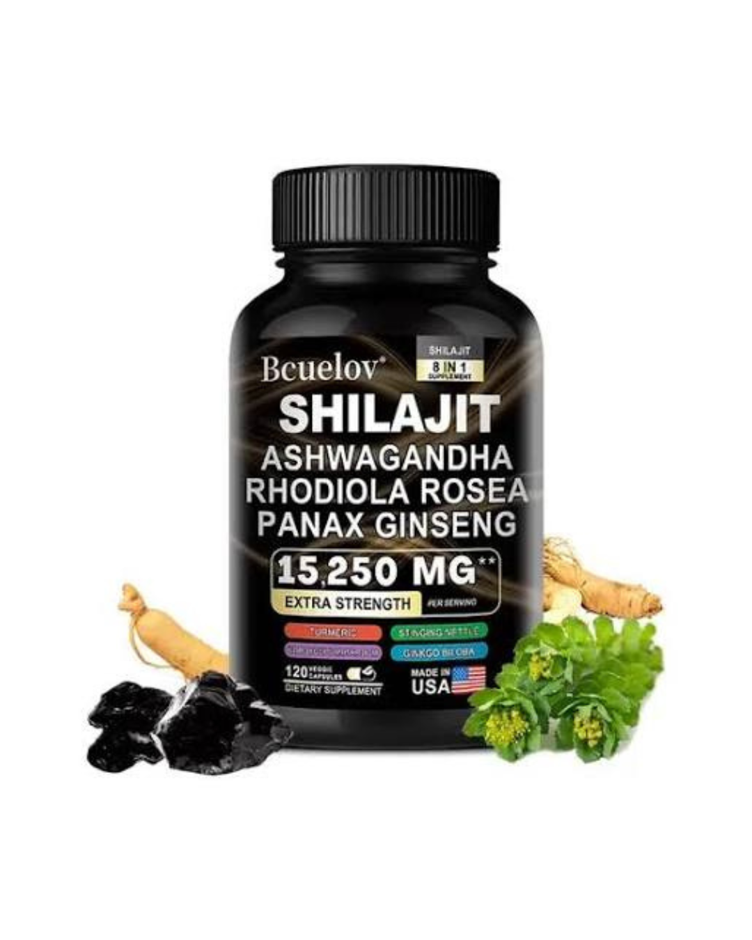 Bcuelov Shilajit 15250 mg - 8 in 1 Supplement - 120 Capsules