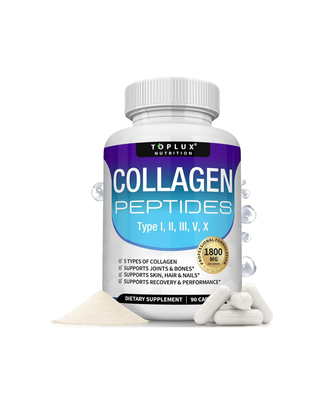 Toplux Multi Collagen Peptides Pills 1800 Mg Complex Type I, II, III, V, X - 90 Capsules