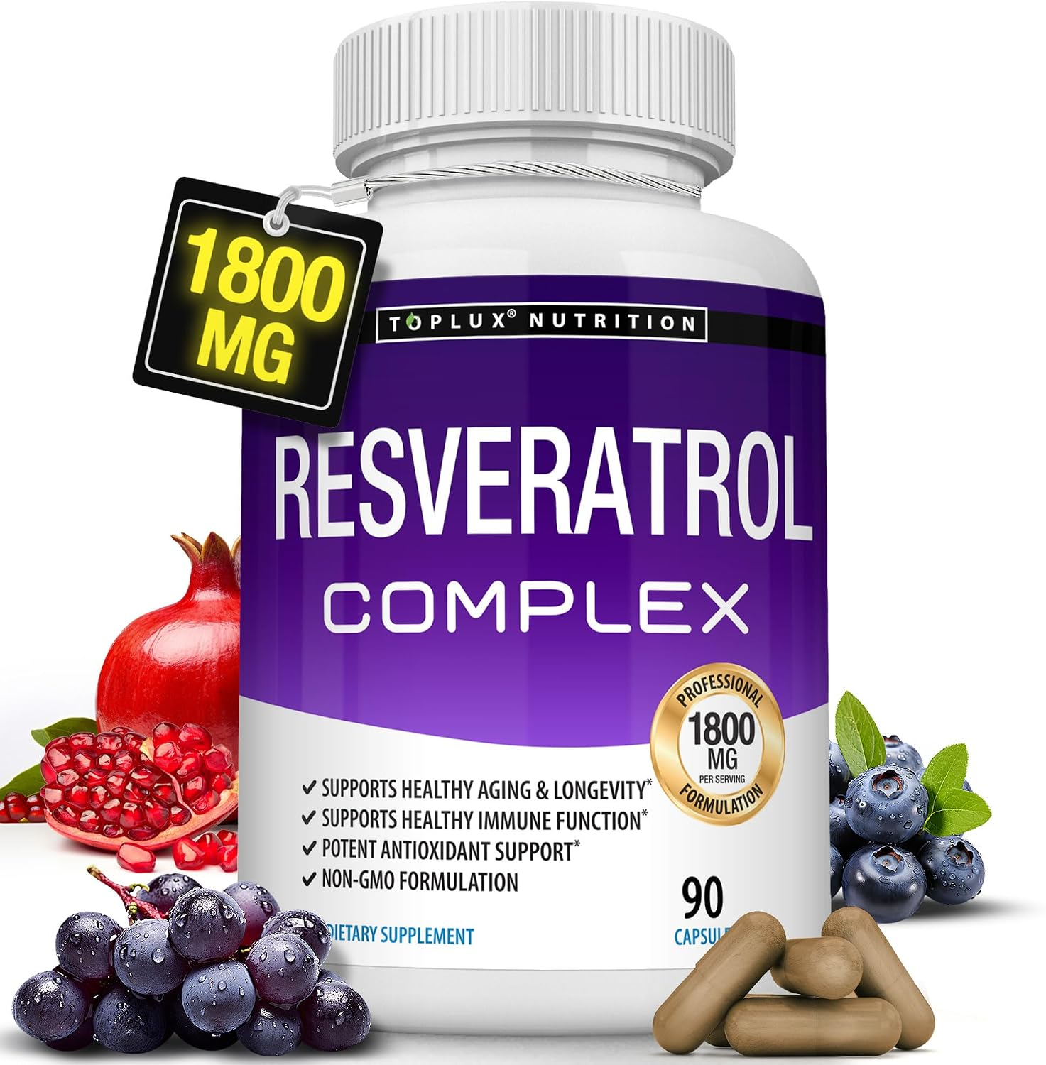 Toplux Resveratrol Supplement, Antioxidant Complex 1800mg 90 Capsules