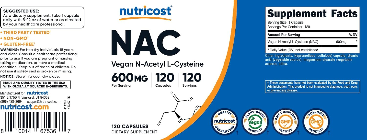 Nutricost N-Acetyl L-Cysteine (NAC) 600mg, 180 Capsules - Non-GMO, Gluten Free thumbnail 2