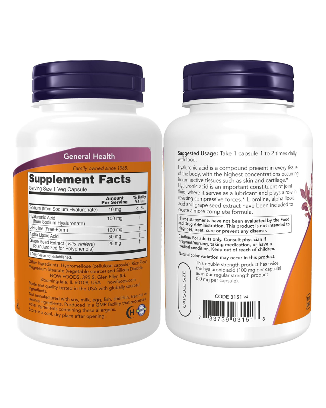 NOW Foods Supplements, Hyaluronic Acid 100 mg, Double Strength with L-Proline, Alpha Lipoic Acid and Grape Seed Extract, 120 Veg Capsules thumbnail 2