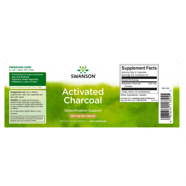 Swanson Activated Charcoal 260 mg Per Capsule 120 Capsules thumbnail 3
