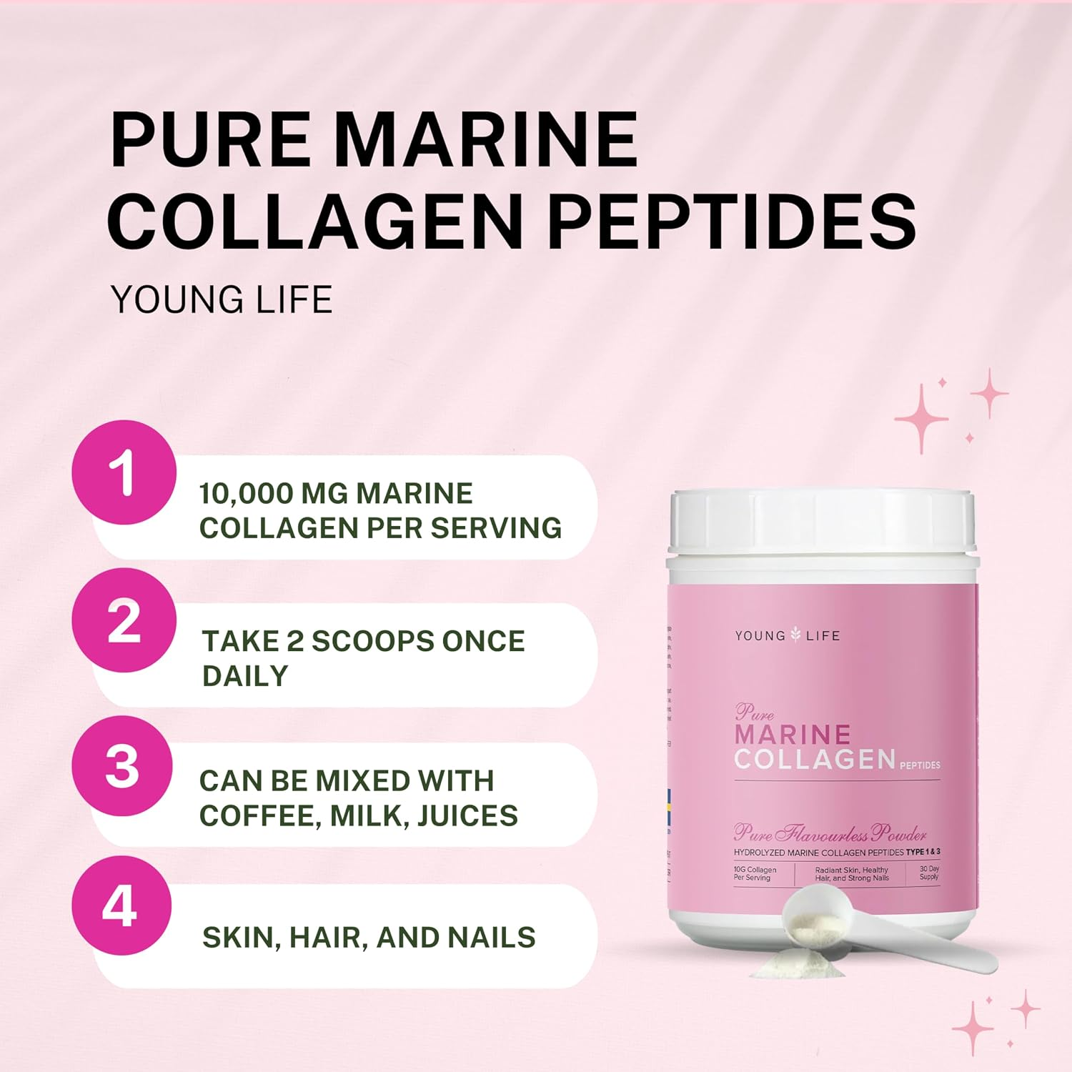 Young Life Pure Marine Collagen Peptides Swedish Hydrolyzed Fish Collagen 10000 mg Type 1&amp;3 300g thumbnail 4