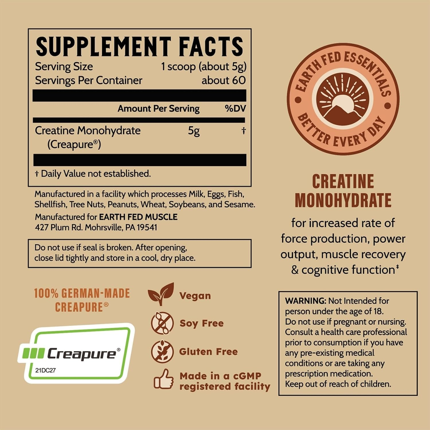 Earth Fed Muscle Creatine Monohydrate Powder Unflavored 300g thumbnail 3
