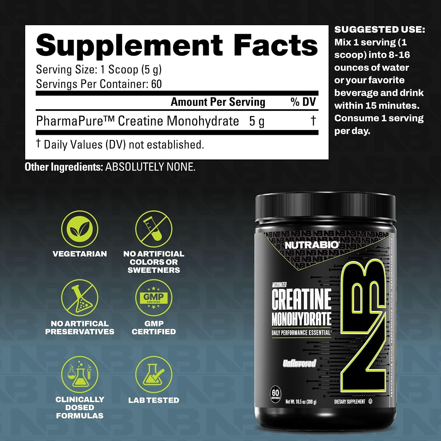 NutraBio Pure Micronized Creatine Monohydrate Powder Supplement Unflavored 300 g thumbnail 3