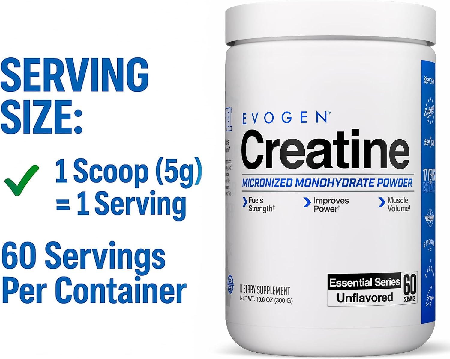 Evogen Creatine Micronized Monohydrate Powder Unflavored 300g 60 Servings thumbnail 2