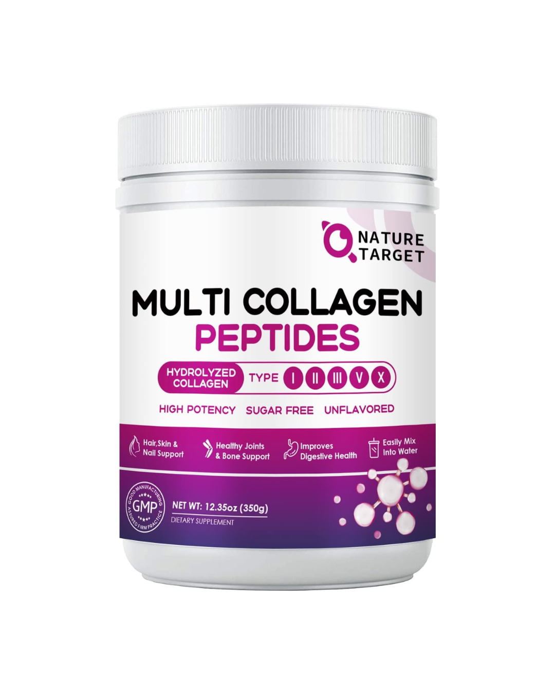 Nature Target Multi Collagen Peptides Type I II III V X + Hyaluronic Acid, Vitamin C and Probiotics Unflavored, 350g thumbnail 5