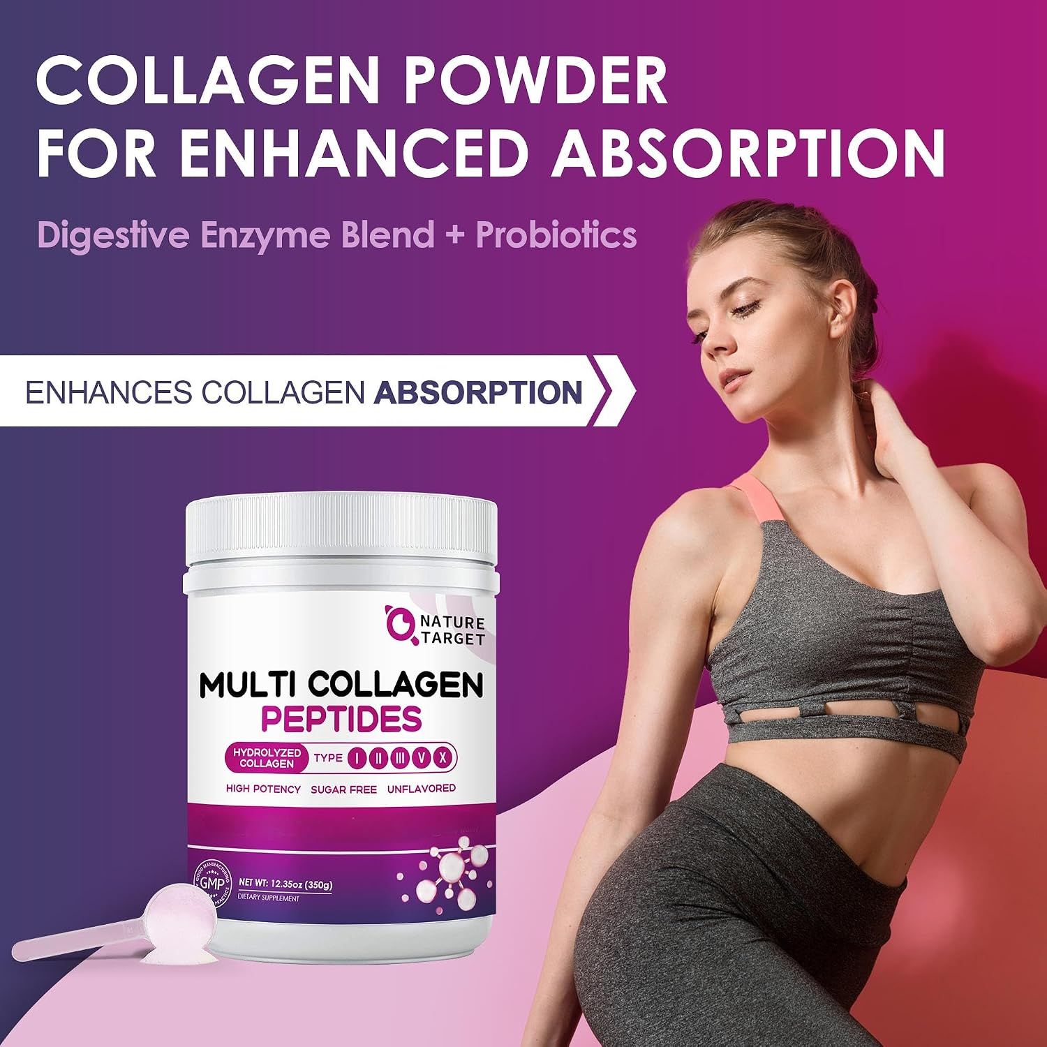 Nature Target Multi Collagen Peptides Type I II III V X + Hyaluronic Acid, Vitamin C and Probiotics Unflavored, 350g thumbnail 2
