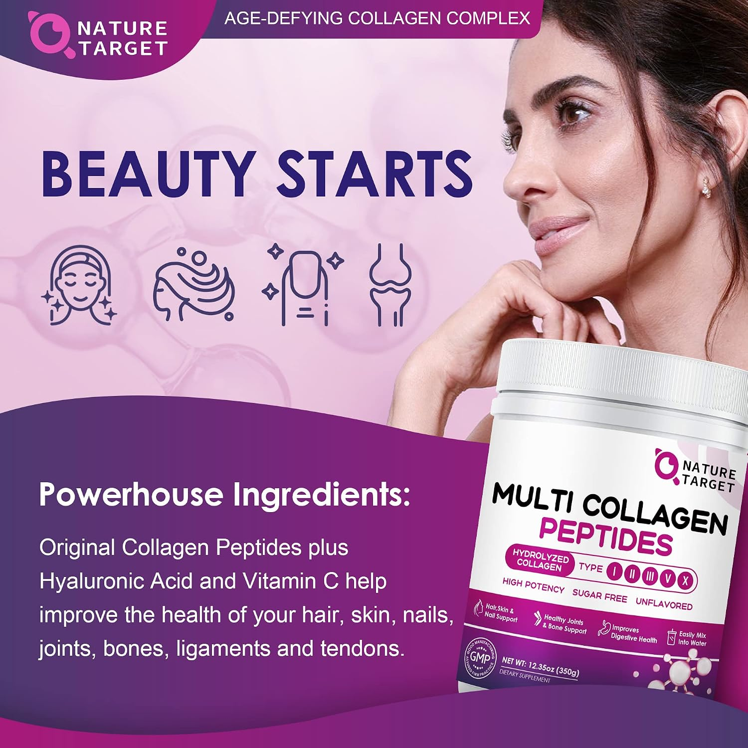 Nature Target Multi Collagen Peptides Type I II III V X + Hyaluronic Acid, Vitamin C and Probiotics Unflavored, 350g thumbnail 3