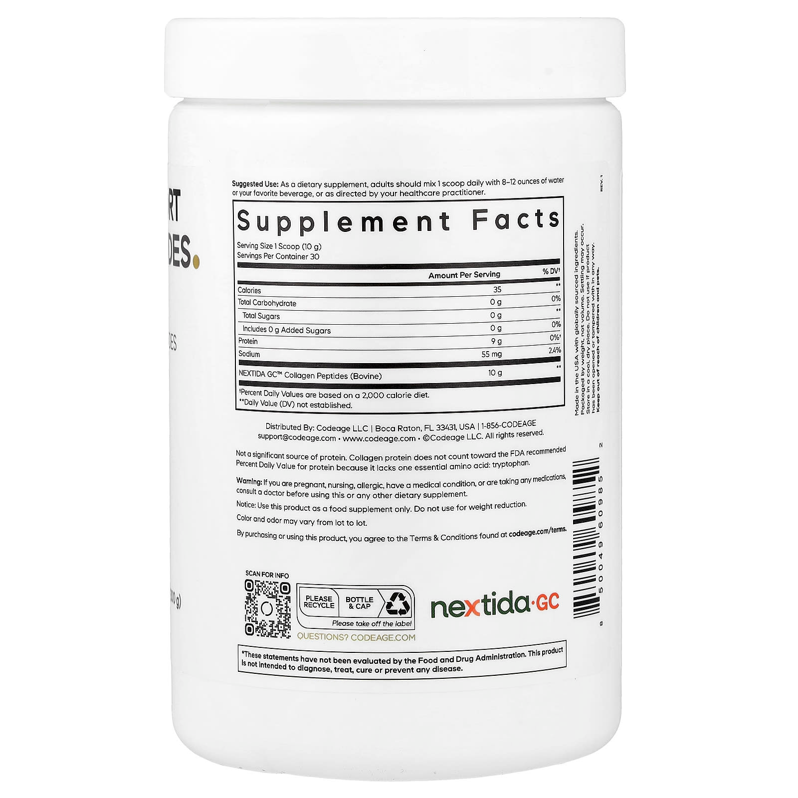 Codeage, Glucose Support Collagen Peptides Powder, Trim &amp; Glow®, Unflavored, 10.58 oz (300 g) thumbnail 3