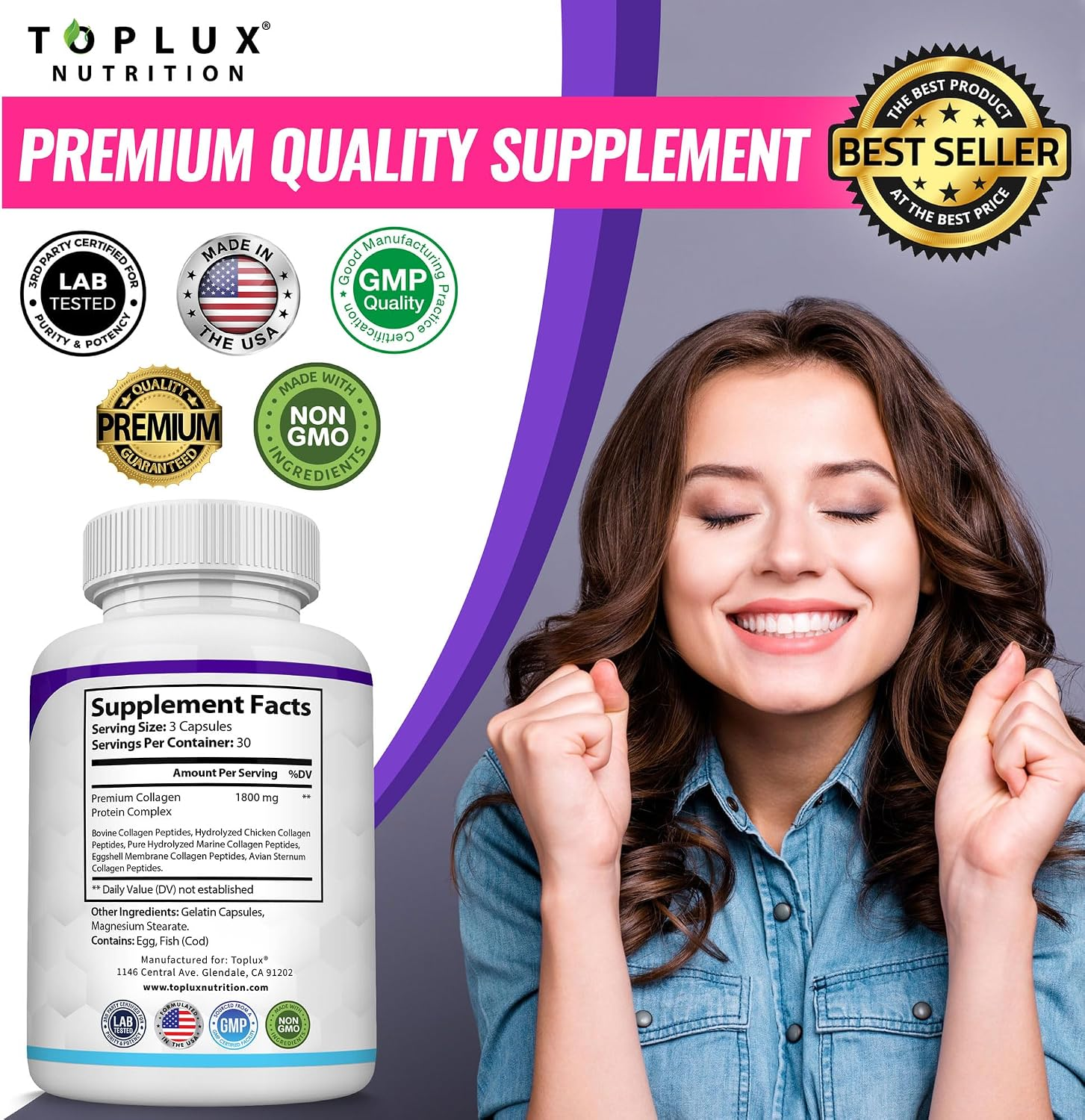 Toplux Multi Collagen Peptides Pills 1800 Mg Complex Type I, II, III, V, X - 90 Capsules thumbnail 2