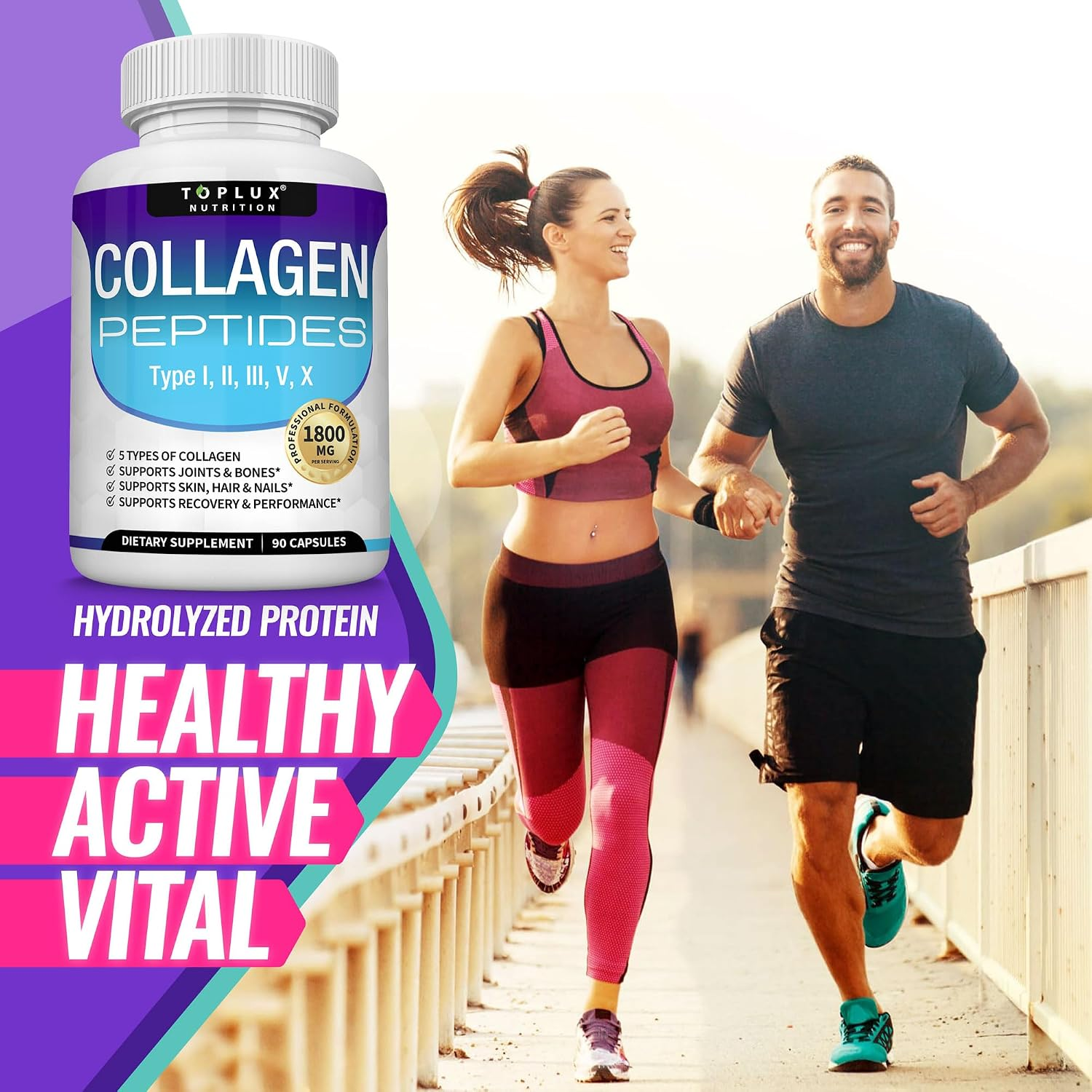 Toplux Multi Collagen Peptides Pills 1800 Mg Complex Type I, II, III, V, X - 90 Capsules thumbnail 3