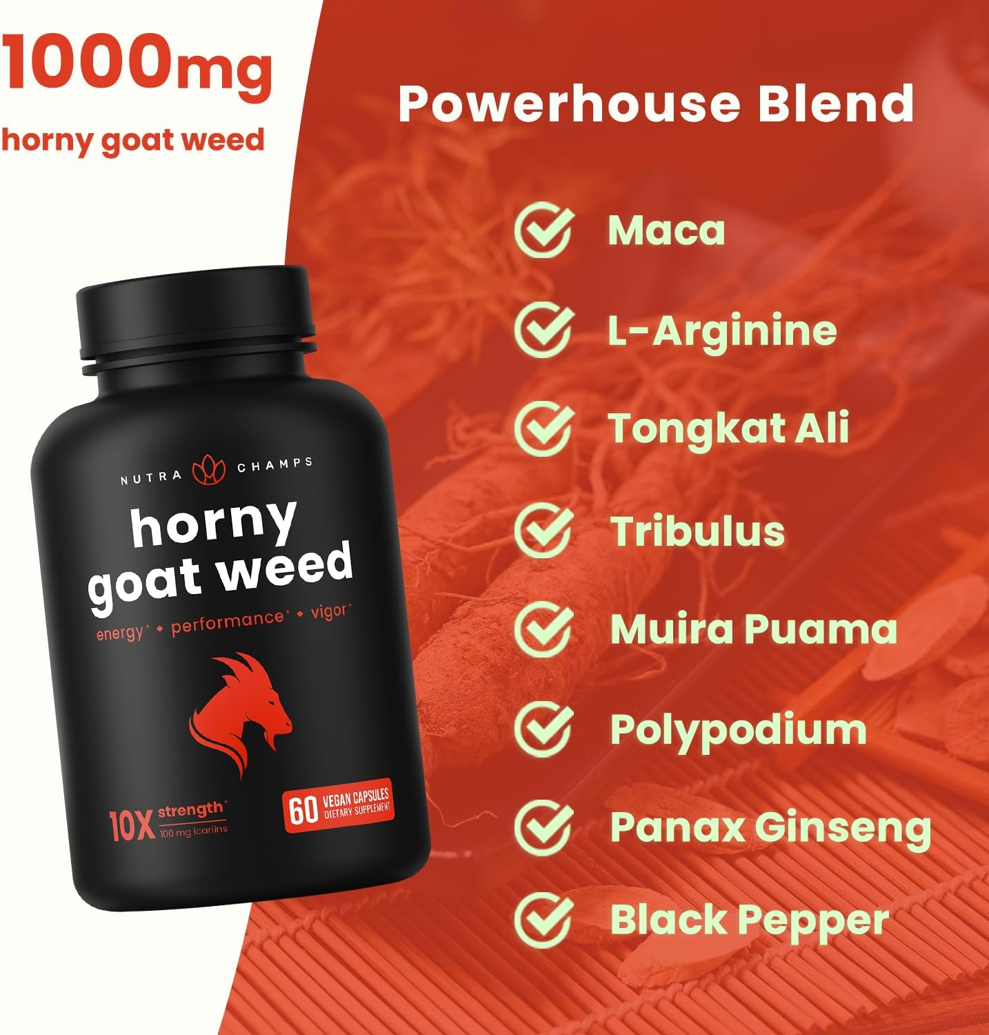 NutraChamps Horny Goat Weed 1000mg Epimedium Energy Supplement 10X Strength 60 Capsules thumbnail 4