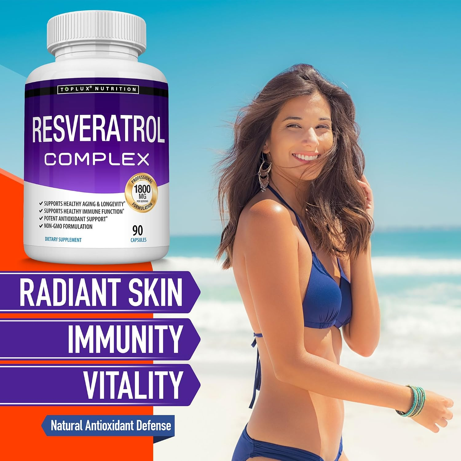 Toplux Resveratrol Supplement, Antioxidant Complex 1800mg 90 Capsules thumbnail 4