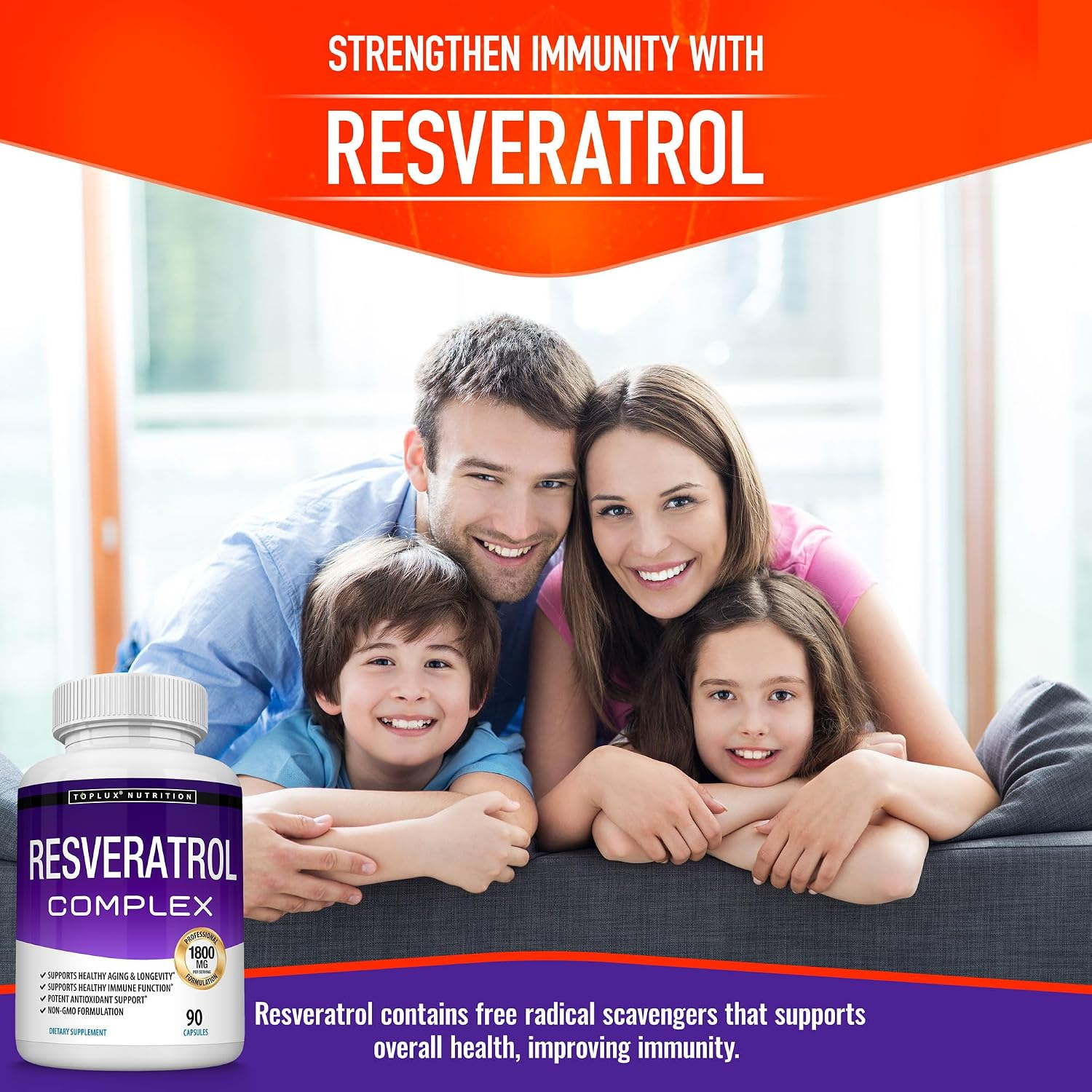 Toplux Resveratrol Supplement, Antioxidant Complex 1800mg 90 Capsules thumbnail 3