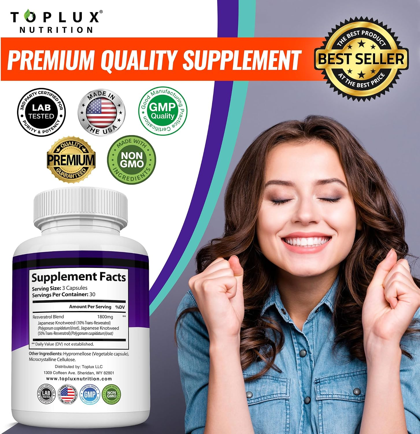 Toplux Resveratrol Supplement, Antioxidant Complex 1800mg 90 Capsules thumbnail 2