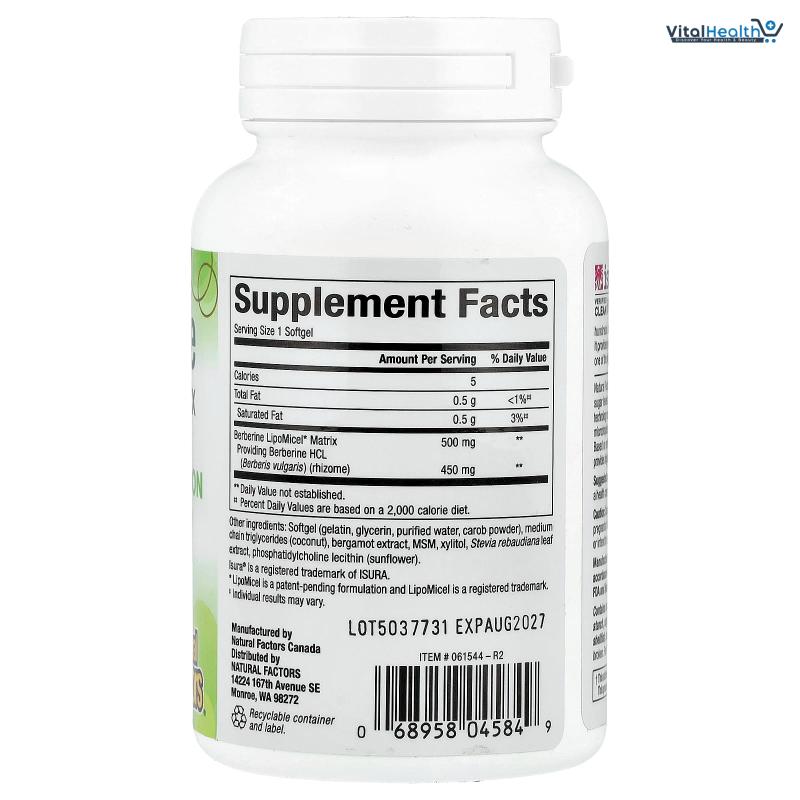 Natural Factors Berberine LipoMicel Matrix - Daily Supplement Supports Metabolic Health - Formula Supports General Health - Gluten-Free &amp; Dairy-Free - 60 Liquid Softgels (60 Servings) thumbnail 2