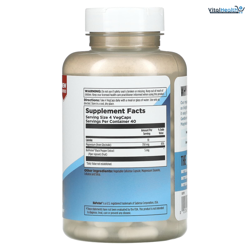 KAL Magnesium Glycinate, New &amp; Improved Fully Chelated High Absorption Formula with BioPerine, Bisglycinate Chelate for Stress, Relaxation, Muscle &amp; Bone Health Support, 60 Servings, 240 VegCaps thumbnail 3
