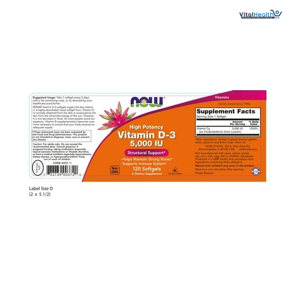 NOW Foods Supplements, Vitamin D-3 5,000 IU, High Potency, Structural Support, 240 Softgels thumbnail 5