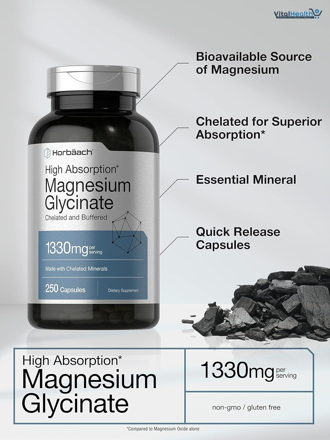 Horbäach Buffered Magnesium Glycinate | 1330mg | 250 Capsules | with Chelated Minerals | Non-GMO, Gluten Free thumbnail 2