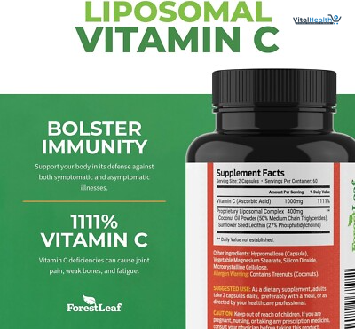 ForestLeaf Liposomal Vitamin C 1400mg Capsules | High Dose Vitamin C Liposomal Supplement w Coconut Oil Fatty Acids | 120 Vegan Cap thumbnail 8