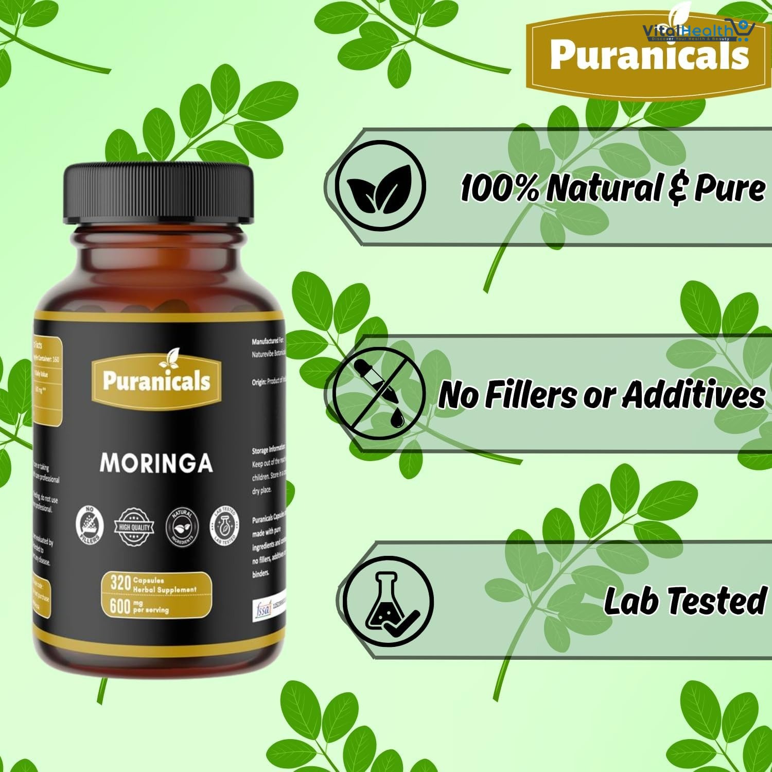 Moringa Premium 320 Capsules Non GMO and Gluten Free | Herbal Supplement | 600 mg Per Serving | Made with Herb Moringa Leaf Powder thumbnail 6
