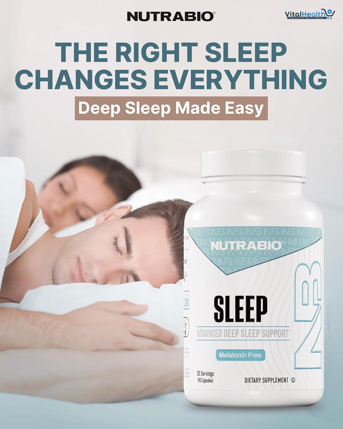 NutraBio Sleep - Advanced Deep Sleep Supplement - Restorative Natural Sleep Aid, Reduces Restlessness - Melatonin Free Sleep Aid - 30 Servings- 90 Capsules thumbnail 4
