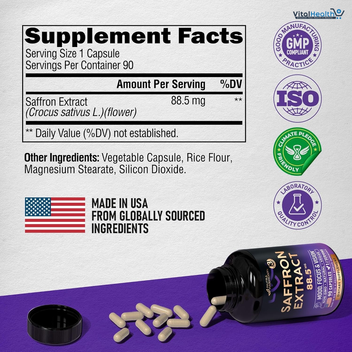 Natural Saffron Supplements - Pure Saffron Extract 88.5 mg - Made in USA - Mood | Focus | Vision | Energy Support - Eye Health for Women &amp; Men - NonGMO Vegan Pills - 90 Powder Capsules, 3 Month Supply thumbnail 4