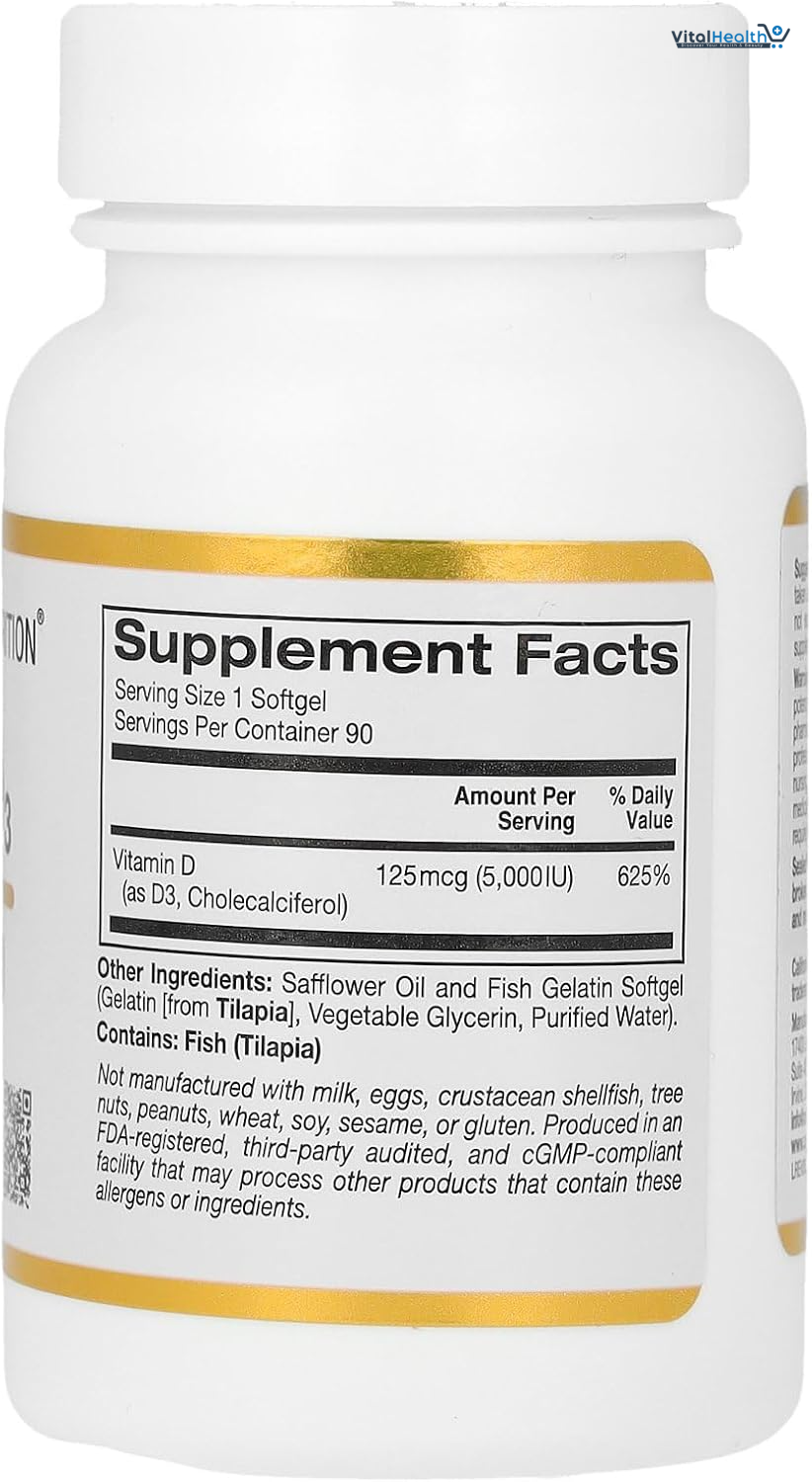 California Gold Nutrition Vitamin D3 Supplement Support for Healthy Bones &amp; Teeth - Immune System Support - Gluten Free, Non-GMO - 125 mcg (5,000 IU) - 90 Fish Gelatin Softgels thumbnail 2