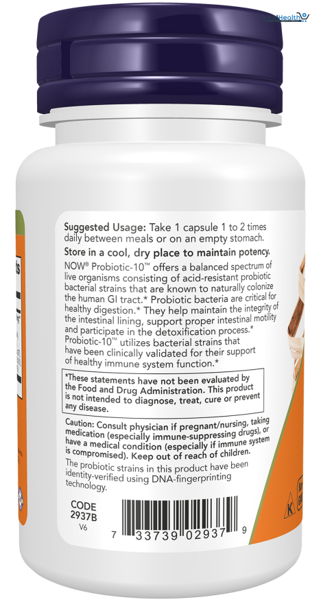 NOW Foods Supplements, Probiotic-10™, 25 Billion, with 10 Probiotic Strains, Dairy, Soy and Gluten Free, Strain Verified, 50 Veg Capsules thumbnail 2