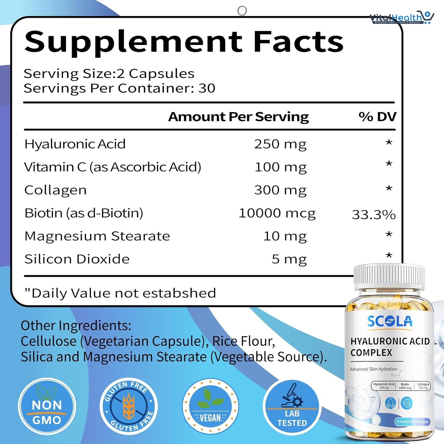 SCOLA Hyaluronic Acid Capsules - 250mg HA + 10,000mcg Biotin, 60 Vegan Capsules | Deep Hydration, Hair &amp; Nail Support | Non-GMO Formula thumbnail 2