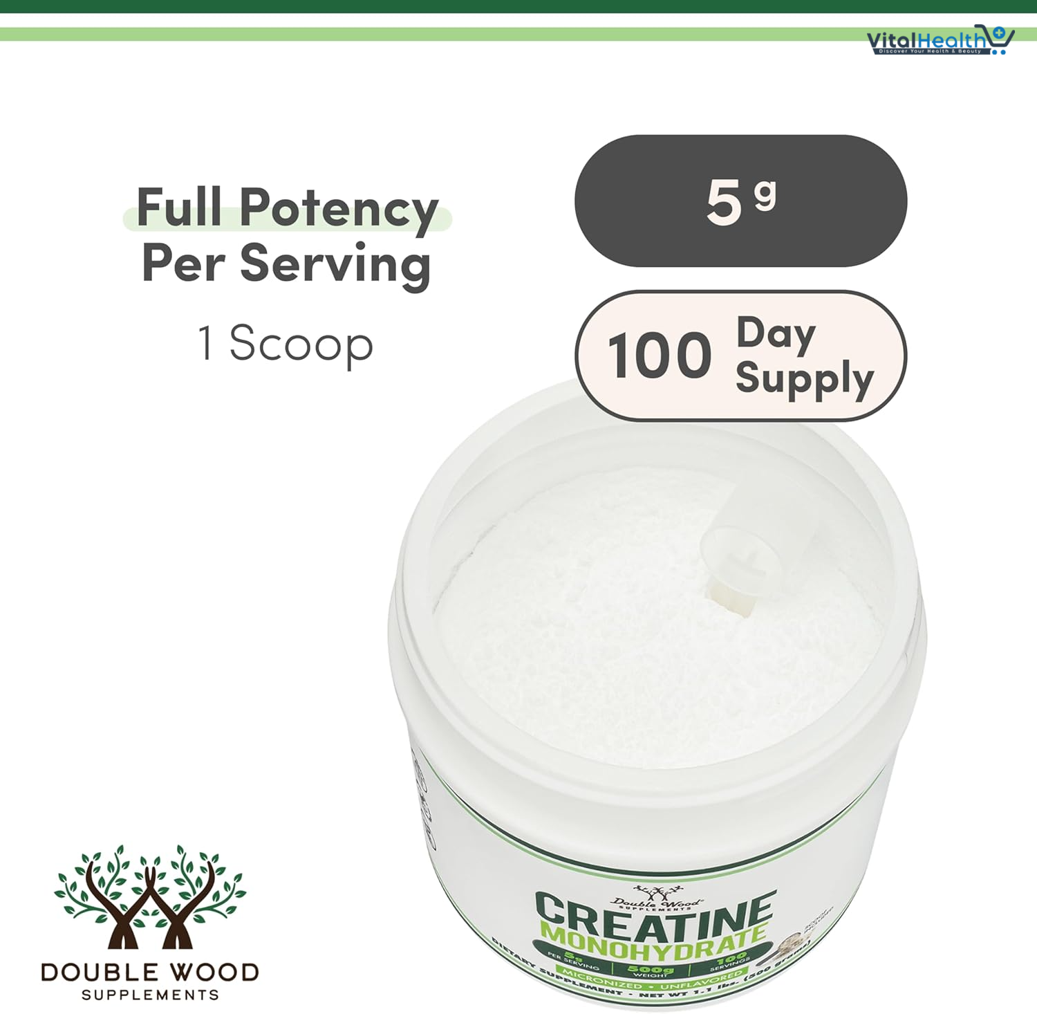 Double Wood Creatine Monohydrate Powder 1.1lbs (100 Servings of 5 Grams Each) - No Fillers, Vegan Safe, Non-GMO, Gluten Free thumbnail 4