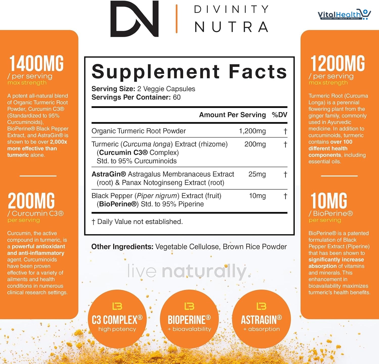 Turmeric Curcumin with BioPerine Black Pepper 1400mg, Support GLP-1 Naturally, Max Absorption Turmeric Supplement for Joint Support with 95% Standardized Curcuminoids C3 Complex, Non GMO, 120 Capsules thumbnail 2
