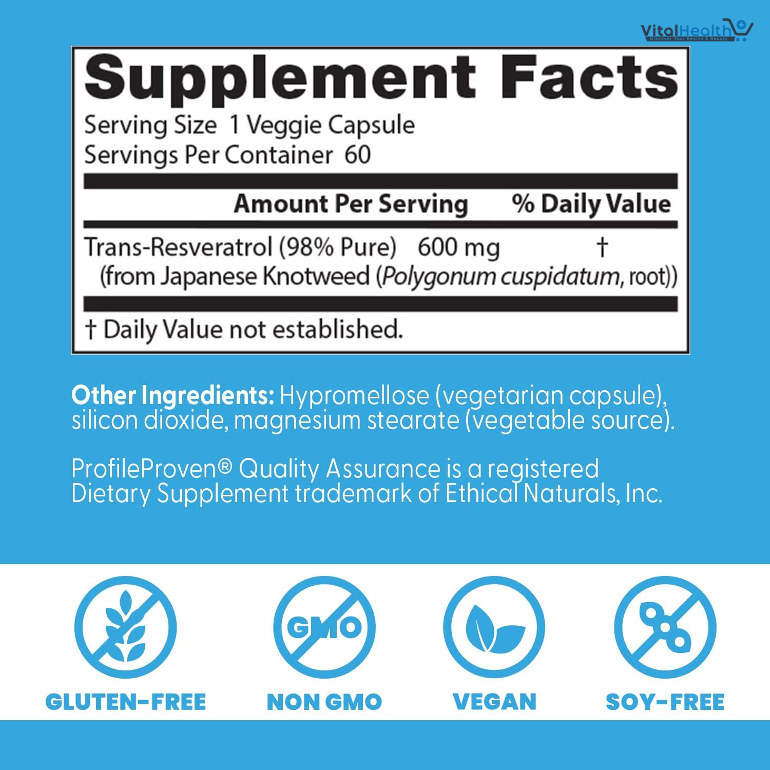 Doctors Best Trans- Resveratrol 600, 98% Pure Trans-Resveratro, Non-GMO, Gluten Free, Soy Free, Vegan 60 Veggie Caps thumbnail 2