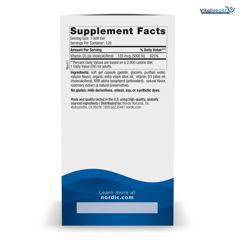 Nordic Naturals Vitamin D3 5000, Orange - 120 Mini Soft Gels - 5000 IU Vitamin D3 - Supports Healthy Bones, Mood &amp; Immune System Function - Non-GMO - 120 Servings thumbnail 3