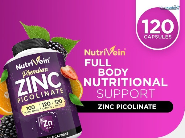 Nutrivein Premium Zinc Picolinate 100 Mg Per Serving - 120 Capsules - Boosts Immune Support, Sleep &amp; Energy thumbnail 4