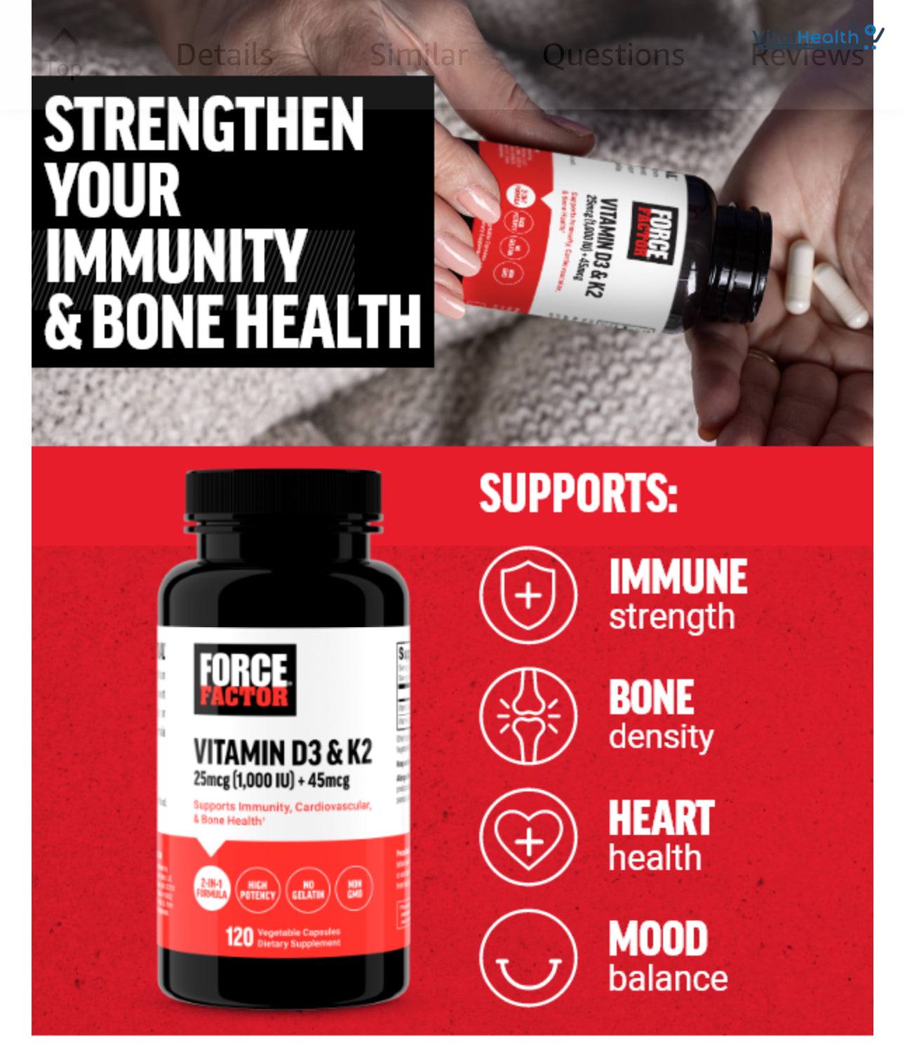 Force Factor Vitamin D3 K2 to Support Immunity, Heart Health, Bone Support, and More, High-Potency 2-in-1 Formula, Vegan, No Gelatin, Non-GMO, 120 Capsules thumbnail 2