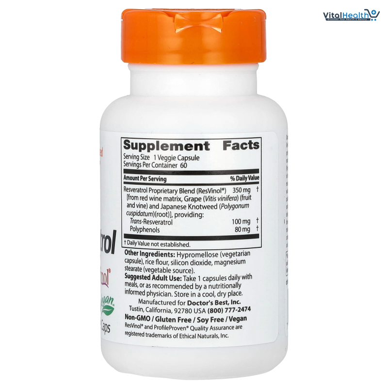 Doctors Best Trans-Resveratrol 100, Resveratrol with Red Wine Polyphenol (ResVinol), Non-GMO, Gluten Free, Soy Free, Vegan 60 Veggie Caps thumbnail 6