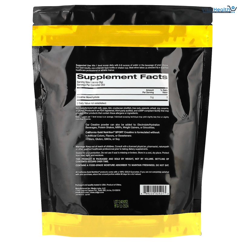 California Gold Nutrition, Creatine Powder, Micronized, Muscle and Strength Support, Creatine Monohydrate, No Gluten, No GMOs, No Soy, Unflavored, 2.2 lbs 1 kg thumbnail 2