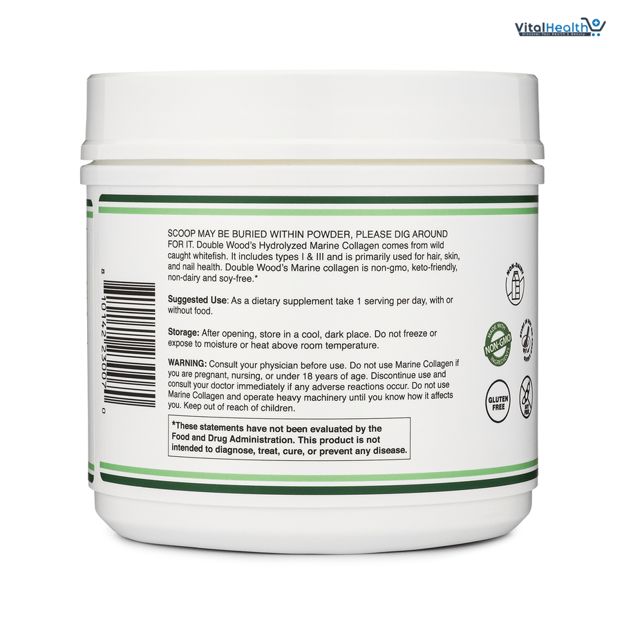 Double Wood Supplements Marine Collagen Powder (1 LB / 16 OZ of Quick Dissolve Marine Collagen Peptides) Wildcaught, Unflavored, Micronized - Scoop Included, No Fillers (38 Servings of 12 Grams Each) thumbnail 2