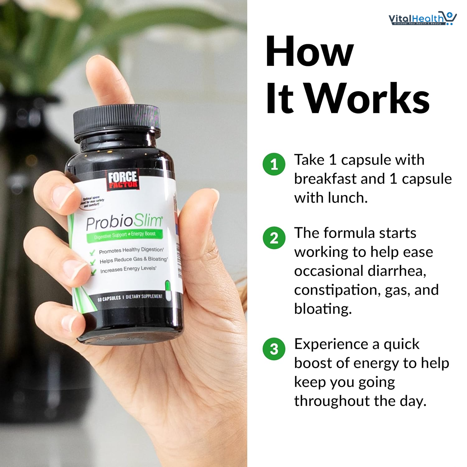 Force Factor ProbioSlim Probiotics for Women and Men, Probiotics for Digestive Health to Reduce Bloating, Gas, &amp; Occasional Diarrhea, with Prebiotics, LactoSpore, &amp; Green Tea for Energy, 30 Capsules thumbnail 2