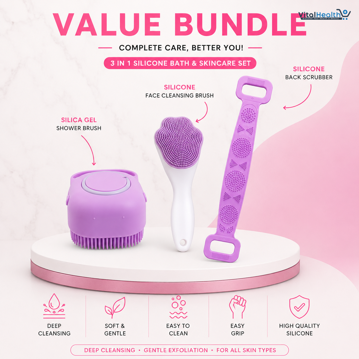 3 In 1 Silicone Bath &amp; Skincare Value Bundle – Shower Brush, Back Scrubber &amp; Face Cleansing Brush Set thumbnail 2