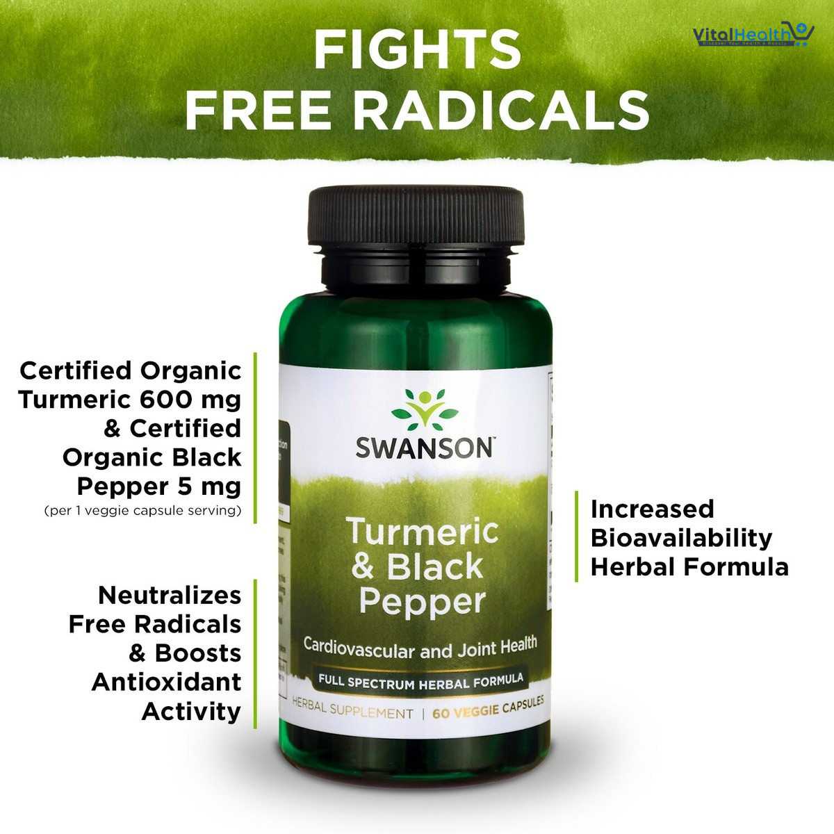 Swanson Turmeric &amp; Black Pepper - Organic Joint Health, Heart Health, Digestion, &amp; Liver Support Supplement - Natural Formula for Enhanced Bioavailability &amp; Absorption - (60 Veggie Capsules) thumbnail 2