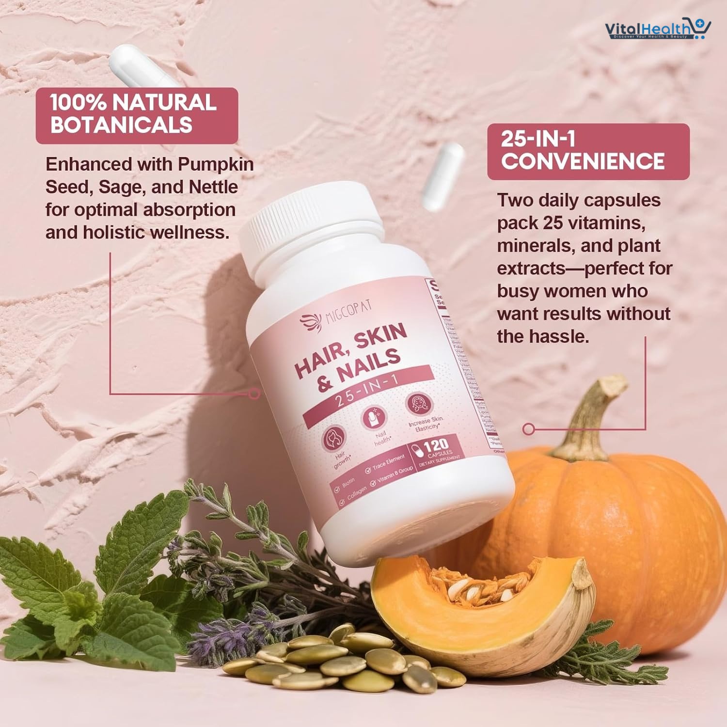 Hair Skin and Nails Vitamins with Biotin, Collagen &amp; Hyaluronic Acid, Supports Healthy Hair Growth, Strong Nails &amp; Glowing Skin, Biotin Supplement with Vitamins A, C, D3, E, B Complex &amp; Minerals thumbnail 8