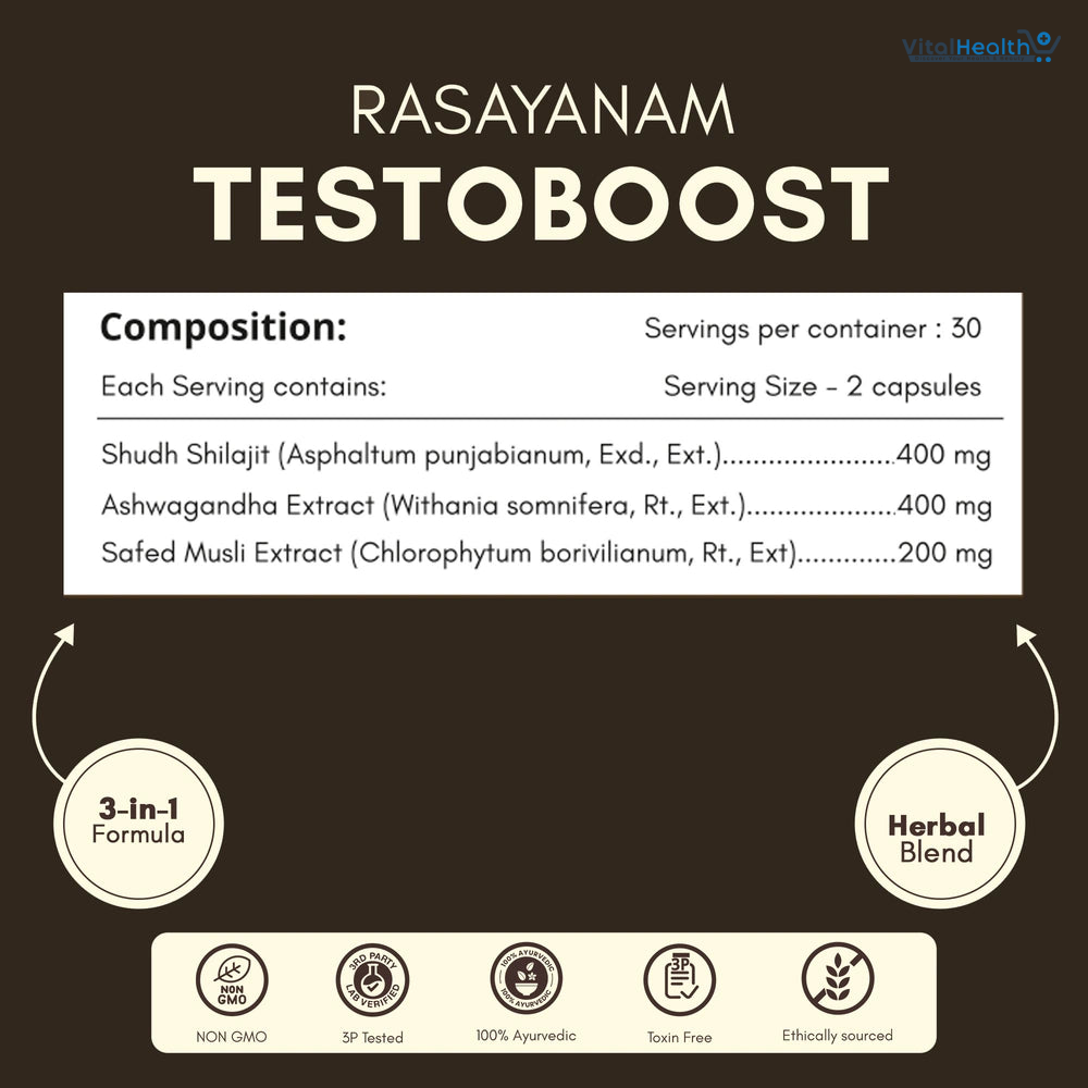 Rasayanam Testboost For Men With Ashwagandha, Safed Musli &amp; Shilajit 60 Capsules thumbnail 3