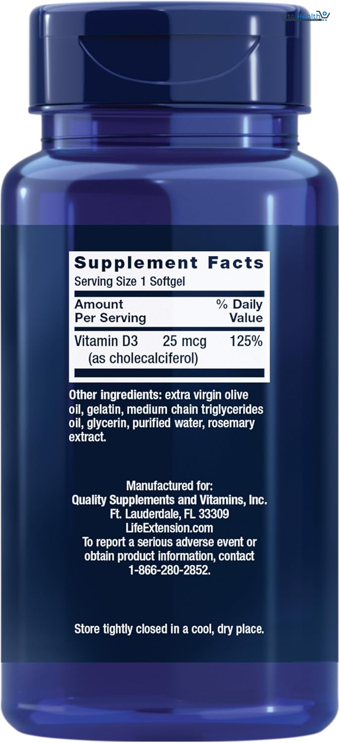 Life Extension Vitamin D3 25 mcg (1000 IU), 250 softgels thumbnail 5
