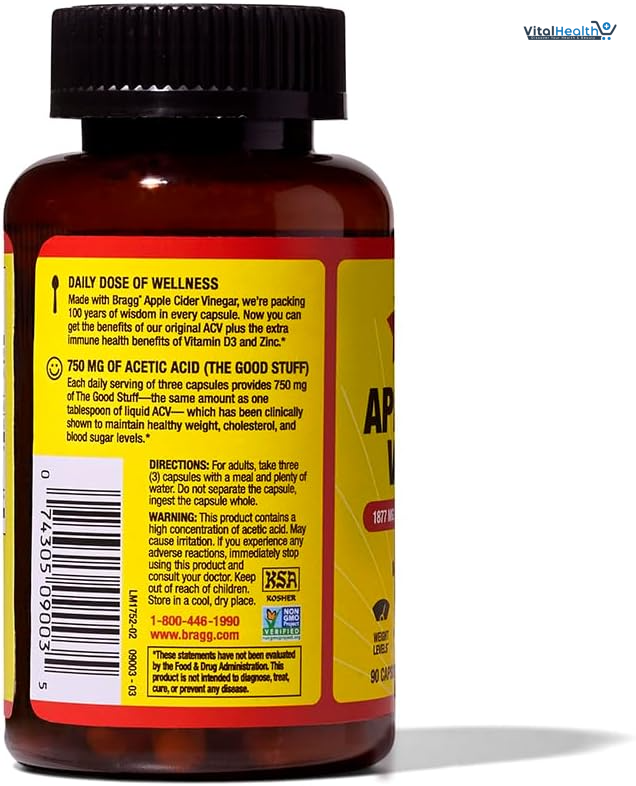 Bragg Organic Apple Cider Vinegar Capsules with Vitamin D and Zinc - 90 Count - Supports Immune System thumbnail 5