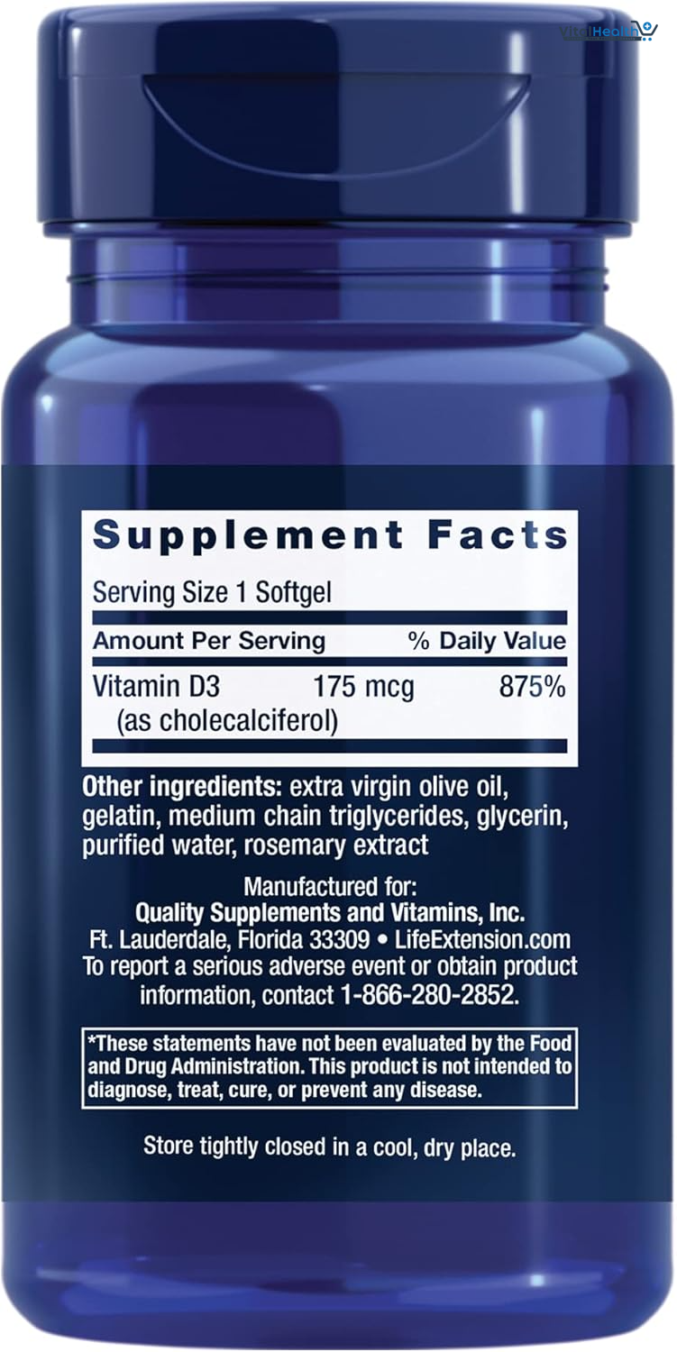 Life Extension Vitamin D3 175 mcg (7000 IU) 60 softgels thumbnail 3