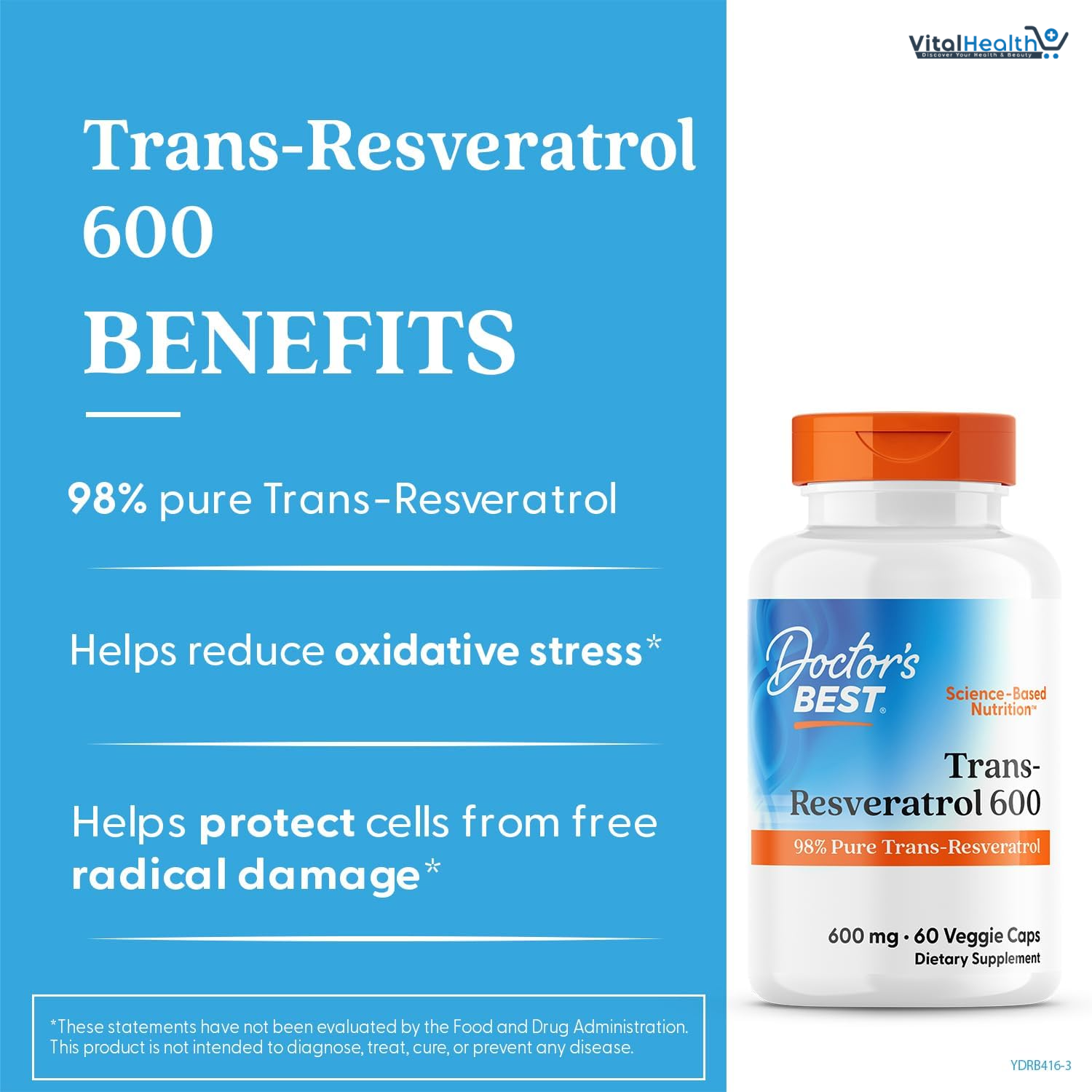 Doctors Best Trans- Resveratrol 600, 98% Pure Trans-Resveratro, Non-GMO, Gluten Free, Soy Free, Vegan 60 Veggie Caps thumbnail 3
