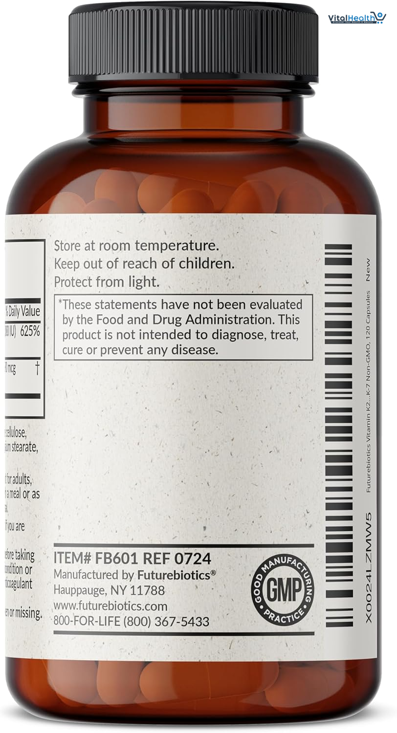 Futurebiotics Vitamin K2 (MK7) with D3 Supplement - Non-GMO Formula - 5000 IU Vitamin D3 &amp; 90 mcg Vitamin K2 MK-7, 120 Vegetarian Capsules thumbnail 4